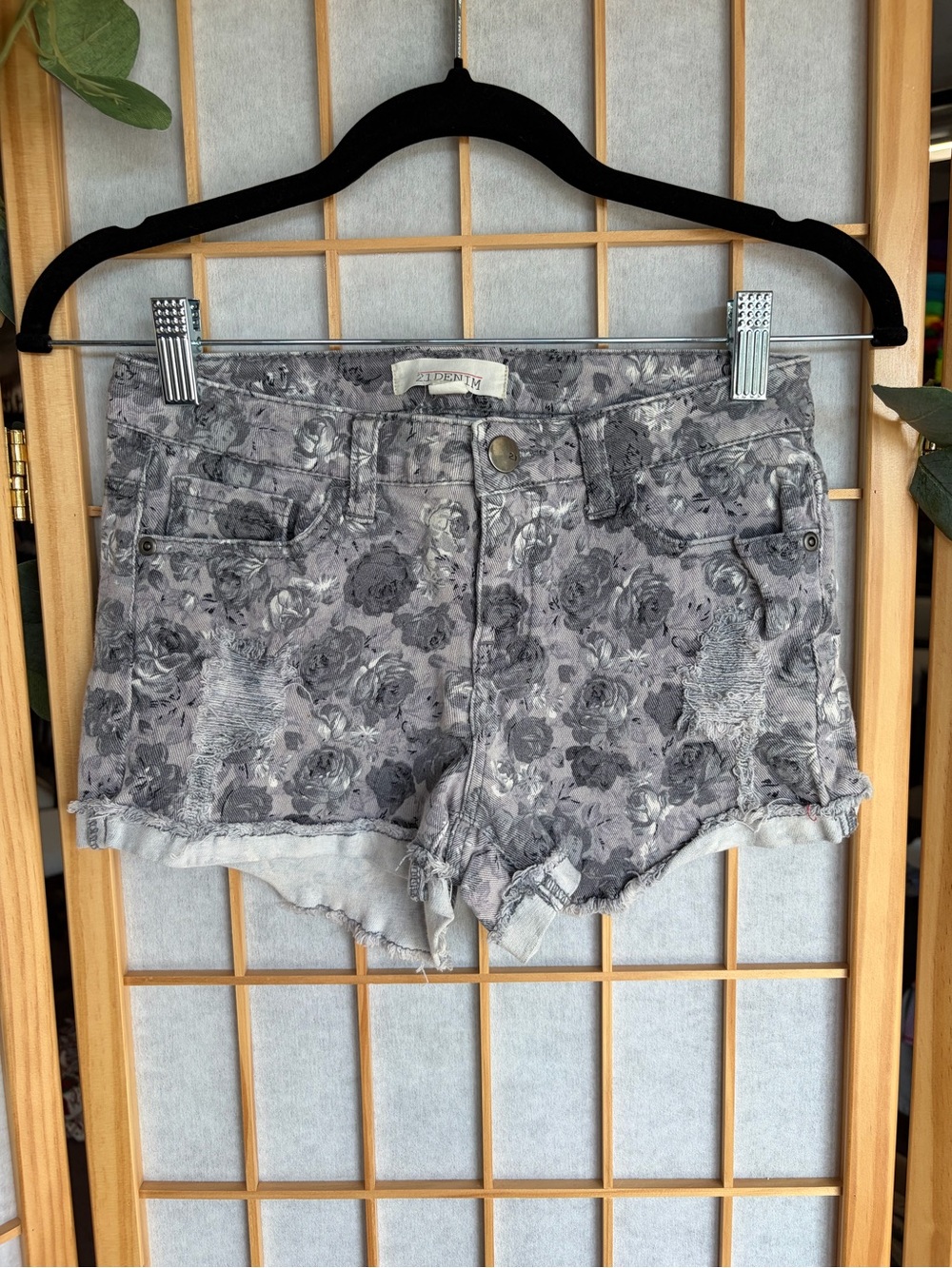 2.1 Denim Gray Floral Distressed Jean Shorts